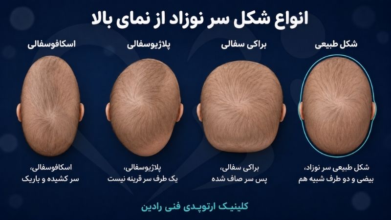 سه حالت بد شکلی سر نوزاد در کنار شکل طبیعی سر نوزاد از نمای بالا