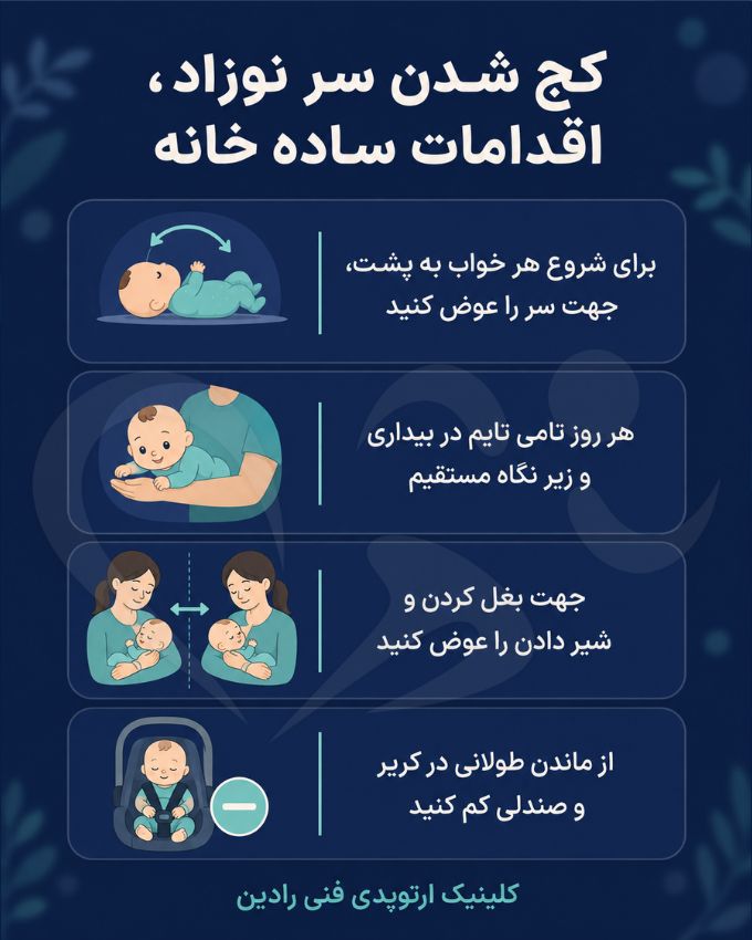 اقدامات خانگی برای کج شدن سر نوزاد شامل تغییر وضعیت و تامی تایم