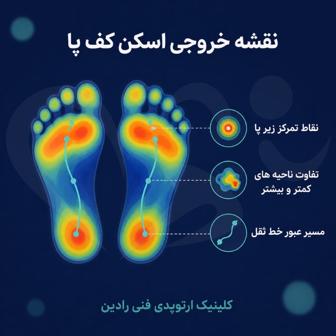 نقشه رنگی اسکن کف پا و مسیر خط ثقل زیر پا